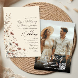 Boho Wilde Bloemen & Foto Moderne QR Code Trouwfee Kaart
