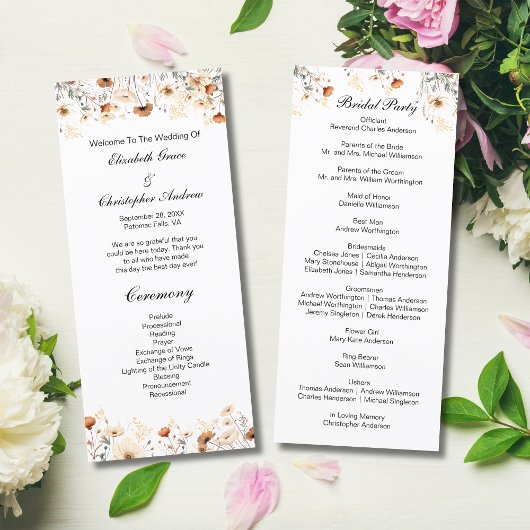 Boho Wilde Bloemen Geel Beige Trouwprogramma Menu