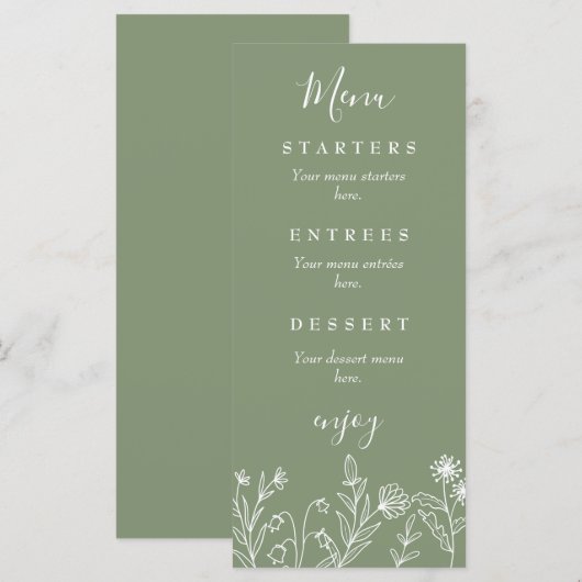 Boho wilde bloemen groene trouwfeest menu (Voorkant / Achterkant)