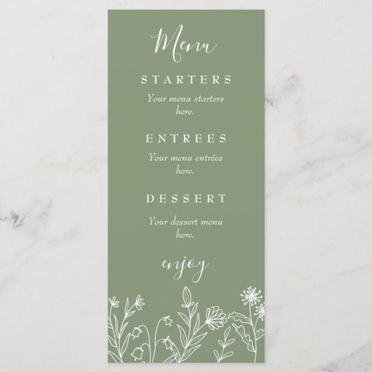 Boho wilde bloemen groene trouwfeest menu (Voorkant)