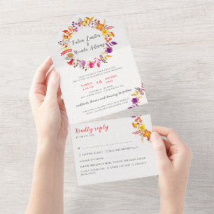 Boho Wilde Bloemen Herfstkrans Loof Huwelijk All In One Uitnodiging