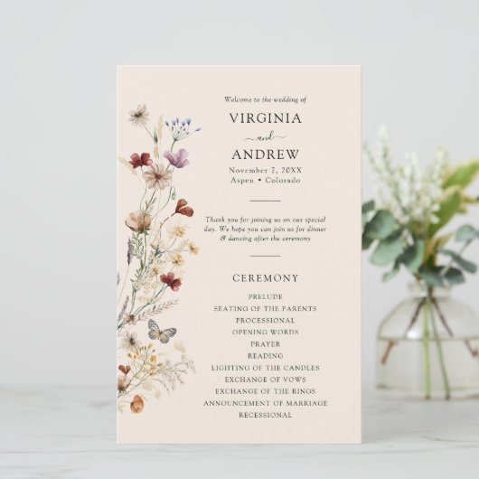 Boho Wilde Bloemen Huwelijksprogramma (Staand voorkant)