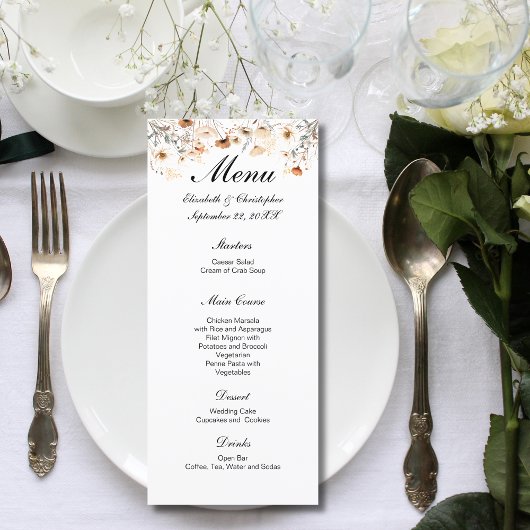 Boho Wilde Bloemen Neutrale Kleuren Trouwen Menu