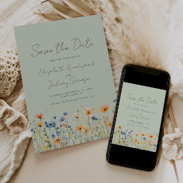 Boho Wilde Bloemen Oranje Blauwe Salie Groene Trou Save The Date