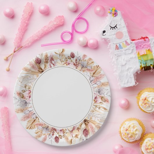 Boho Wilde Bloemen Pampas Gras Bruiloft Papieren Bordje (Feest)