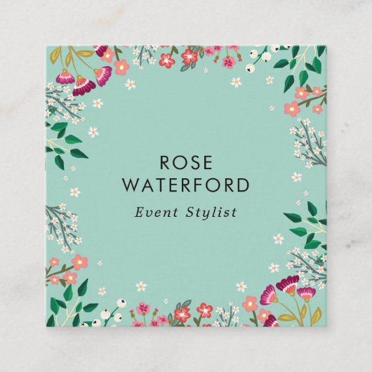 Boho Wilde Bloemen - Robins Eiblauw Vierkante Visitekaartje (Voorkant)