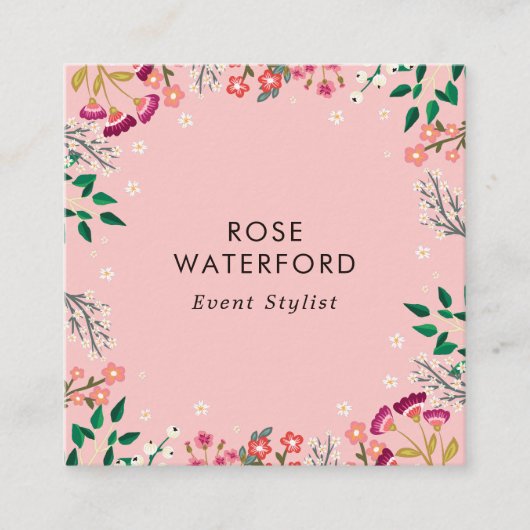 Boho Wilde Bloemen Roze Vierkante Visitekaartje (Voorkant)