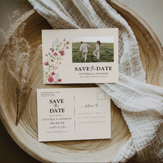 Boho Wilde Bloemen Save The Date met Foto Postkaar Briefkaart