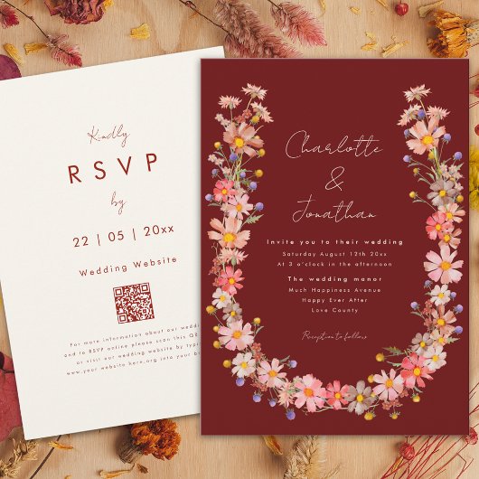 Boho Wilde Bloemen Terracotta Herfst Bruiloft Kaart