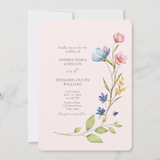 Boho Wilde Bloemen Trouwkaart met QR-code Kaart (Voorkant)