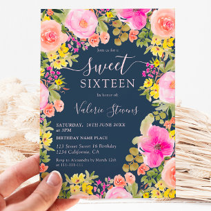 Boho wilde bloemen tuin waterverf Sweet 16 blauw Kaart