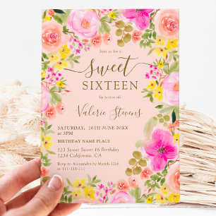 Boho wilde bloemen tuin waterverf Sweet 16 Kaart