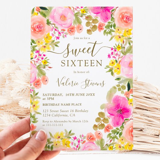 Boho wilde bloemen tuin waterverf Sweet 16 Kaart
