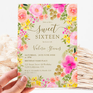 Boho wilde bloemen tuin waterverf Sweet 16 Kaart