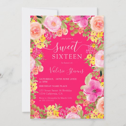 Boho wilde bloemen tuin waterverf Sweet 16 roze Kaart (Voorkant)