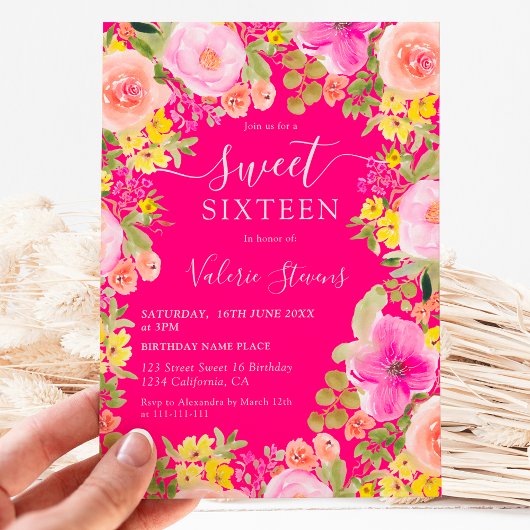 Boho wilde bloemen tuin waterverf Sweet 16 roze Kaart