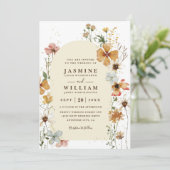 Boho Wilde Bloemen Weide Boog Chic QR Code Trouwen Kaart (Staand voorkant)