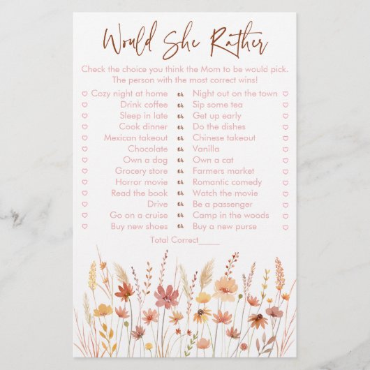 Boho wilde bloemen zou ze liever Baby shower spel (Voorkant)