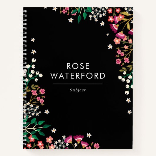 Boho Wilde Bloemen - Zwart - Naam Notitieboek (Voorkant)