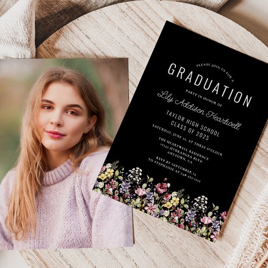 Boho Wilde Bloemen Zwarte Foto Afstuderen Kaart