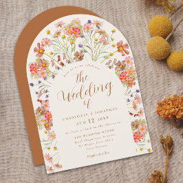 Boho Wilde Bloemenboog Terracotta Herfst Bruiloft Kaart