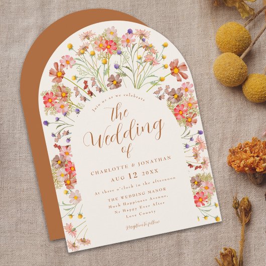Boho Wilde Bloemenboog Terracotta Herfst Bruiloft Kaart