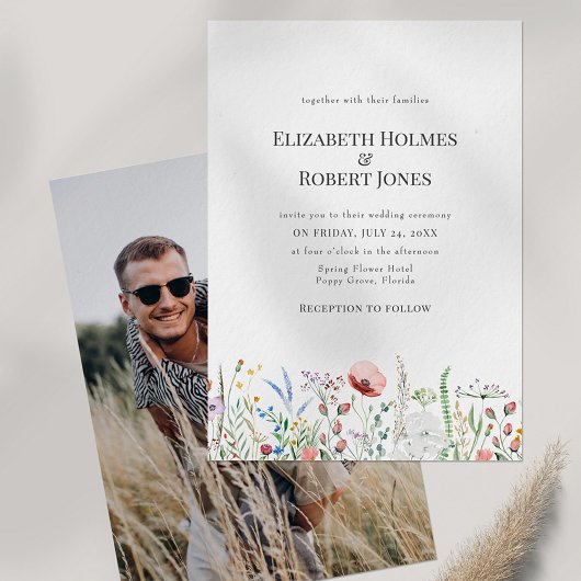 Boho Wilde Bloemenweide Koppel Foto Bruiloft Kaart