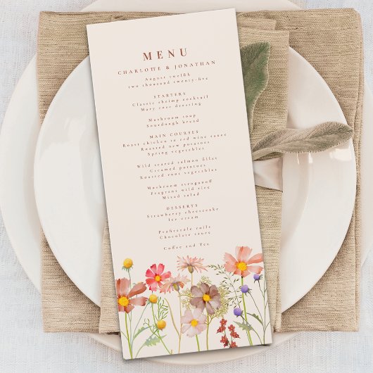 Boho Wilde Bloemenweide Trouwdag Menu