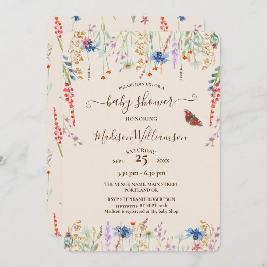 Boho wilde bloemenweide & vlinder baby shower kaart (Voorkant / Achterkant)