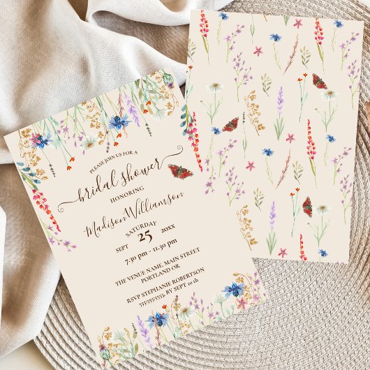 Boho wilde bloemenweide & vlinder uitnodiging