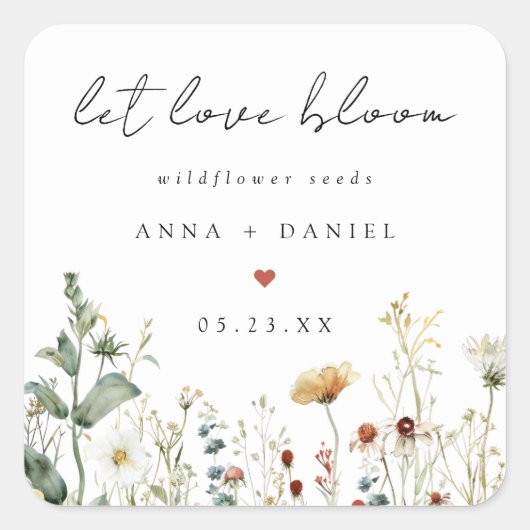 Boho Wilde Bloemenzaad Trouwgunst Vierkante Sticker (Voorkant)
