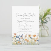 Boho Wilde Bloemgrens Oranje Blauw Bruiloft Save The Date (Staand voorkant)
