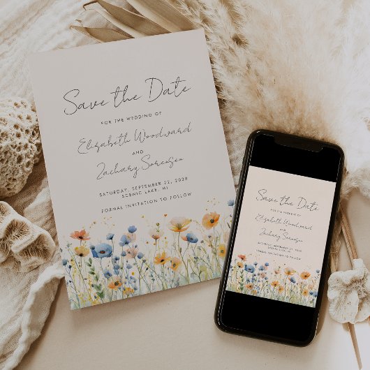 Boho Wilde Bloemgrens Oranje Blauwe Blos Wedding Save The Date