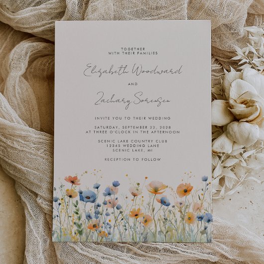 Boho Wilde Bloemgrens Oranje Blauwe Bruiloft Kaart