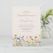 Boho Wilde Bloemgrens Oranje Blauwe Bruiloft Kaart (Staand voorkant)