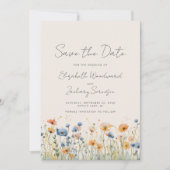 Boho Wilde Bloemgrens Oranje Blauwe Bruiloft Save The Date (Voorkant)