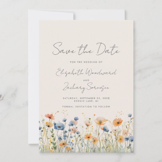 Boho Wilde Bloemgrens Oranje Blauwe Bruiloft Save The Date (Voorkant)
