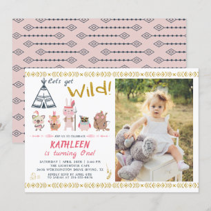 Boho Wilde Dieren Roze Gold Girl Birthday Foto Kaart