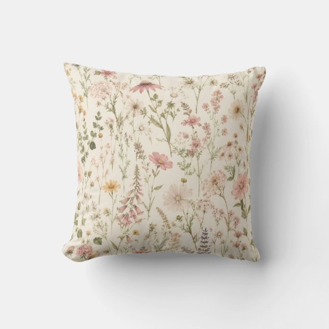 Boho-wildebloem-werpkussen - Beige roze bloem Kussen (Voorkant)