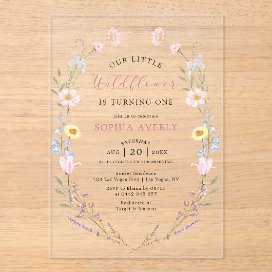 Boho Wildflower 1e Verjaardagstuin Acryl Uitnodigingen (Voorkant)