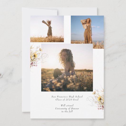 Boho Wildflower 3 Foto Afstudeerfeest Kaart (Achterkant)