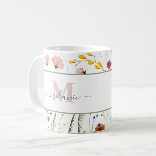Boho Wildflower Aangepaste Naam Monogram Koffiemok (Voorkant links)