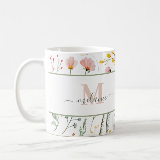 Boho Wildflower Aangepaste Naam Monogram Koffiemok (Links)