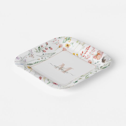 Boho Wildflower Aangepaste Naam Monogram Papieren Bordje (Gebogen)