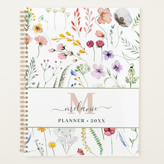 Boho Wildflower Aangepaste Naam Monogram Planner (Voorkant)