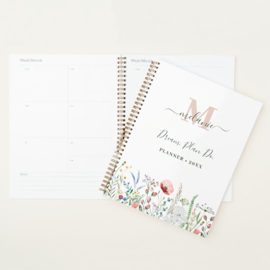 Boho Wildflower Aangepaste Naam Monogram Planner (Display)