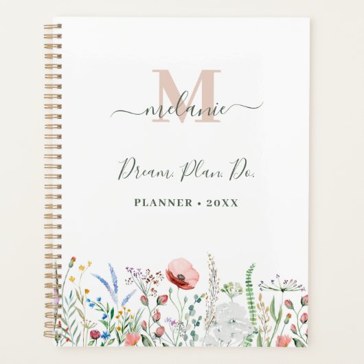 Boho Wildflower Aangepaste Naam Monogram Planner (Voorkant)