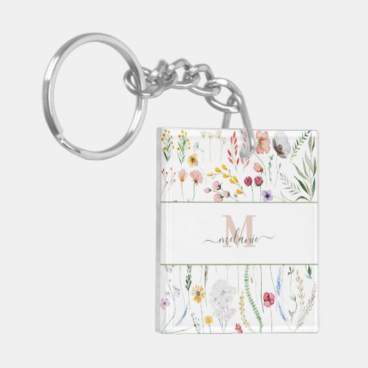 Boho Wildflower Aangepaste Naam Monogram Sleutelhanger (Voorkant Links)