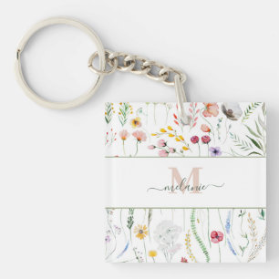 Boho Wildflower Aangepaste Naam Monogram Sleutelhanger