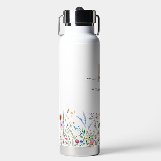 Boho Wildflower Aangepaste Naam Monogram Waterfles (Voorkant)